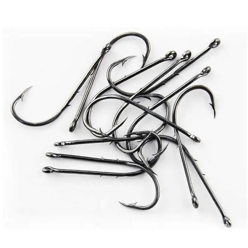 Assorted barbed offset bait fishing hooks, long shank, shiny steel