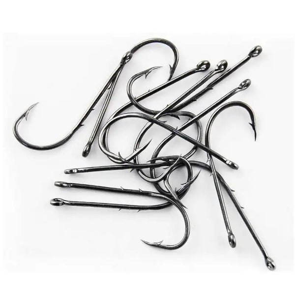 Assorted barbed offset bait fishing hooks, long shank, shiny steel