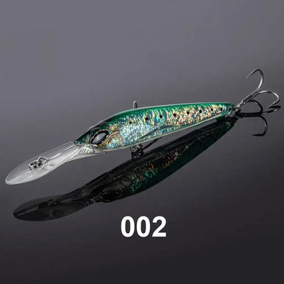 Metallic blue-green trolling minnow lure with dark green/black body, two treble hooks