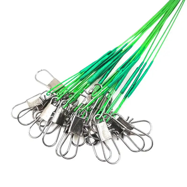 Green steel fishing leader with metal snap swivels and split-ring ends