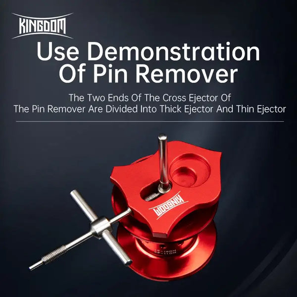 Red pin remover tool with cross-ejector arms for fishing reel maintenance