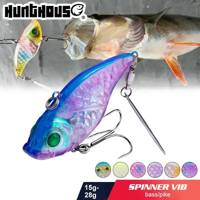Transparent spinner fishing lure with blue-purple body, 3D eye, treble hooks.