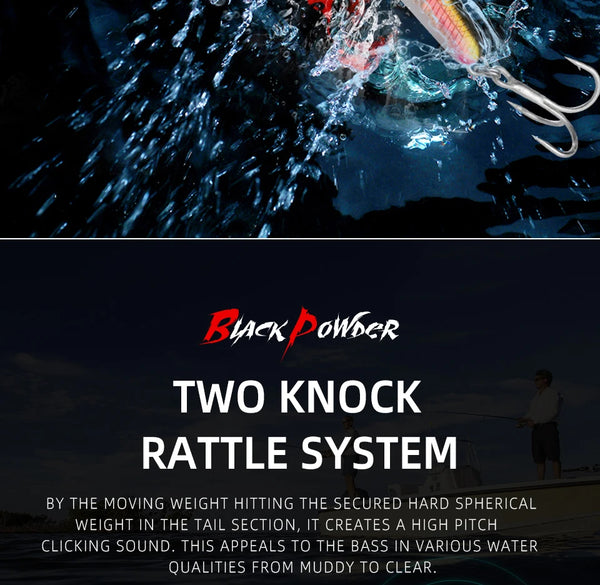 Colorful topwater pencil lure with treble hooks above splashing water