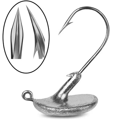 Single lead head jig hook, silver round weight head, curved shank with pointed barb