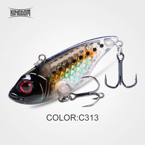Fishing crankbait lure in black and blue with gold-green iridescent scales and two treble hooks