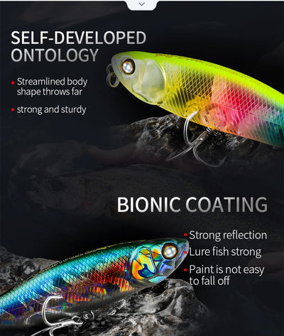 Topwater pencil lure in neon chartreuse, pink, and blue-green scales with trebles