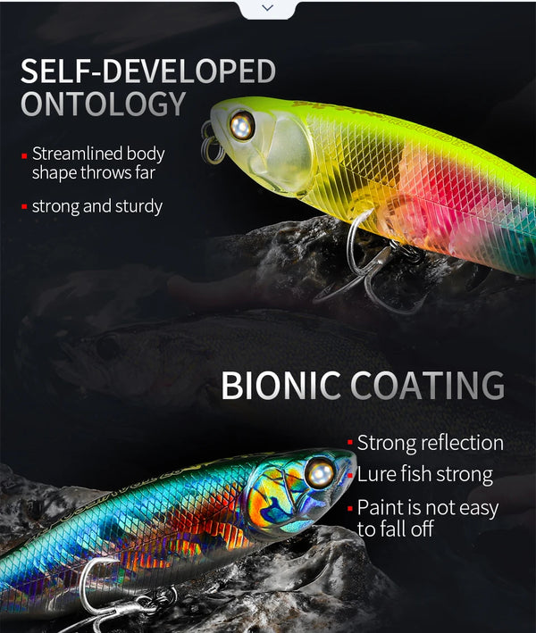 Topwater pencil lure in neon chartreuse, pink, and blue-green scales with trebles