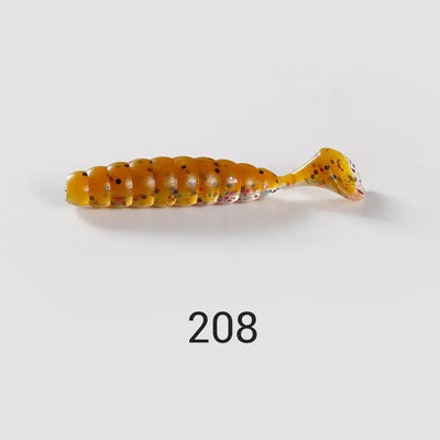 Artificial silicone ribbed grub swimbait, yellow with dark speckles and forked tail fin