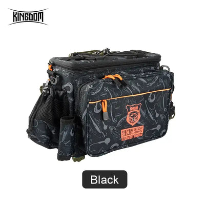 Black fishing tackle shoulder bag with patterned fabric, front pockets and orange zipper pulls