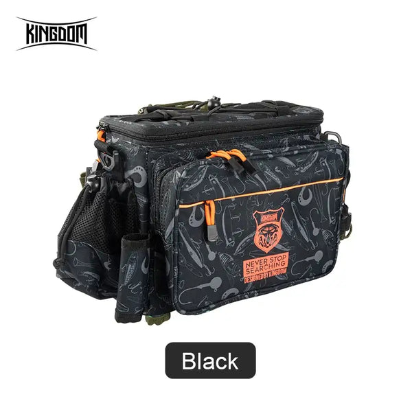 Black fishing tackle shoulder bag with patterned fabric, front pockets and orange zipper pulls