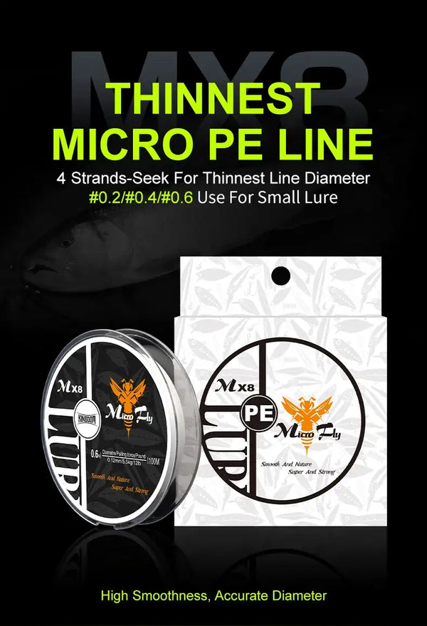 Two PE line spools and a white line package, labeled thin micro PE line