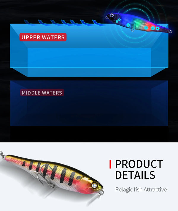 Product details: topwater pencil lure in a multicolor shad pattern with eye and hooks