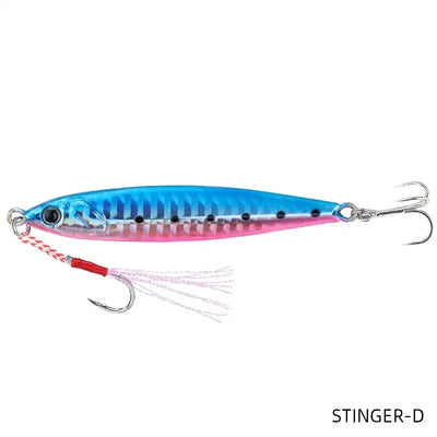 Fishing jig lure, blue and pink striped body with red-white tinsel skirt and twin treble hooks (STINGER-D)