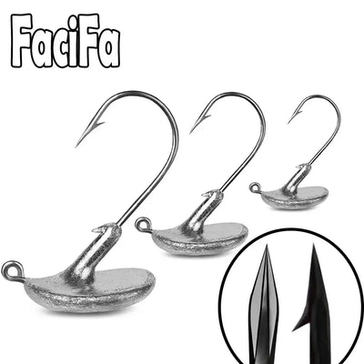 Lead head jig hook set with three curved hooks, silver finish, bait holding barb