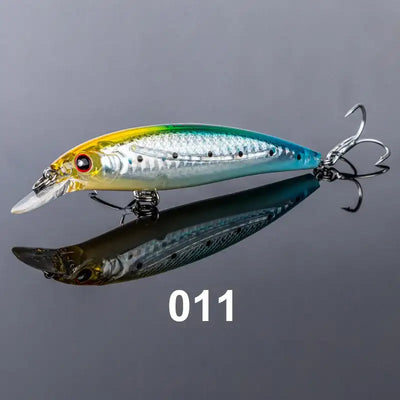 Chartreuse and teal floating minnow jerkbait with pointed lip and treble hooks