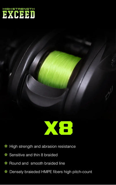 Green X8 braided fishing line spool in front of dark nozzle background