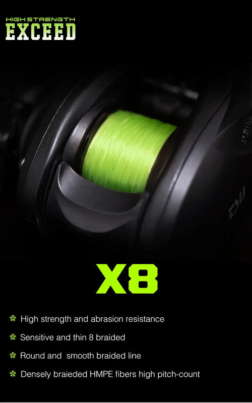 Green X8 braided fishing line spool in front of dark nozzle background