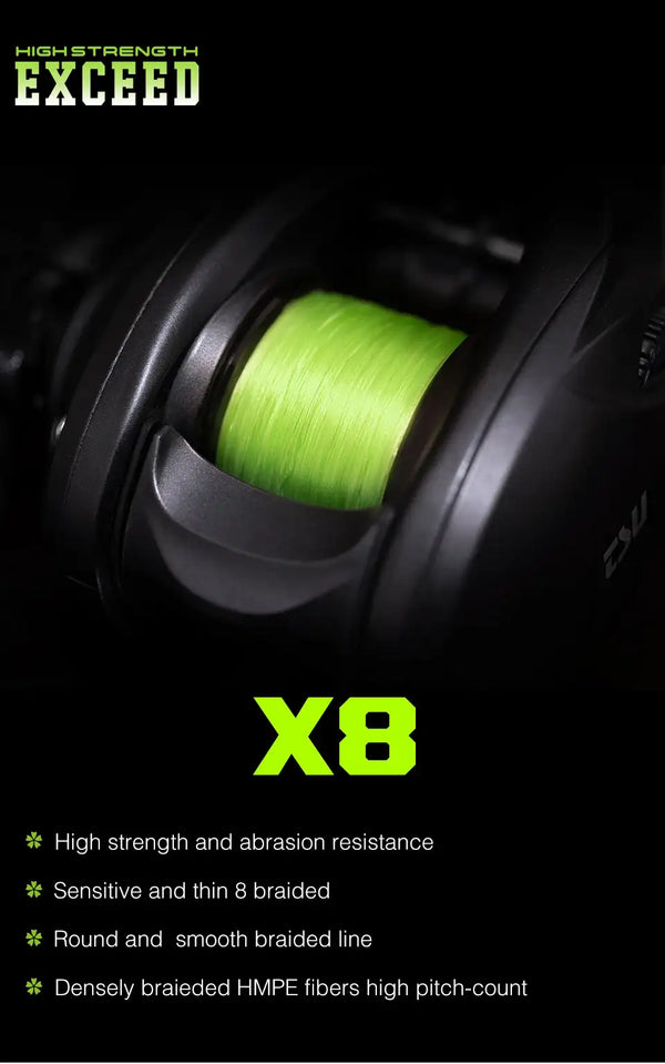 Green X8 braided fishing line spool in front of dark nozzle background
