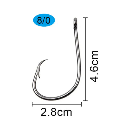 Size 8/0 circle fishing hook, barbed point, dark steel finish, closed eye