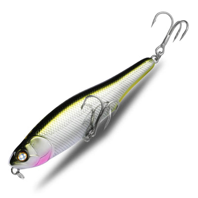 Surface fishing pencil lure with two treble hooks, silver body with chartreuse stripe and black top