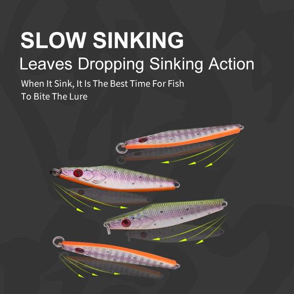 Metal jig spoon lures with feather treble hooks shown for slow sinking action