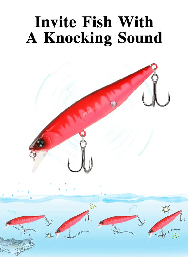 Suspending minnow jerkbait lure in red with black eye, lip, and two treble hooks