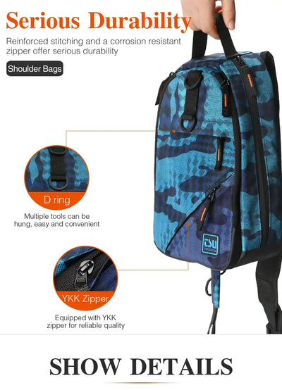 Blue camouflage fishing tackle bag with YKK zipper and reinforced shoulder strap D-ring