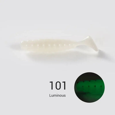 Luminous ribbed silicone swimbait lure in pale white, marked 101