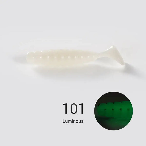 Luminous ribbed silicone swimbait lure in pale white, marked 101