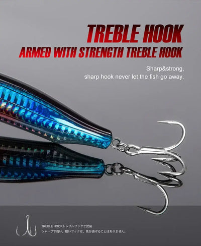 Blue topwater lure with silver treble hooks and curved metal split rings