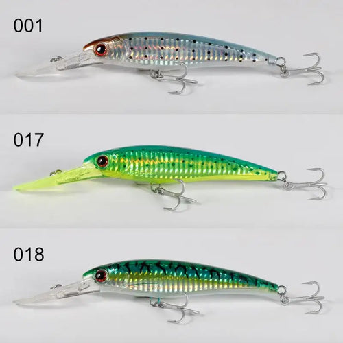 Trolling minnow wobbler 3-pack with silver-blue, neon green, and dark green lures
