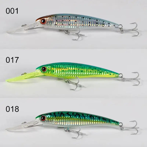 Trolling minnow wobbler 3-pack with silver-blue, neon green, and dark green lures