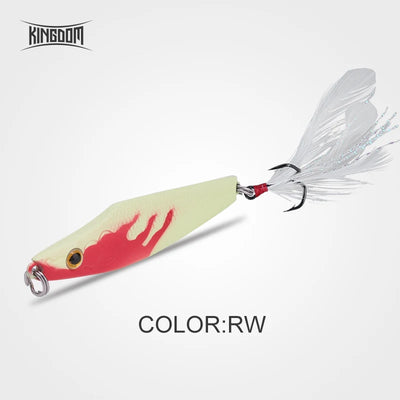 Metal jig lure in pale green and red with gold eye and white feather tail