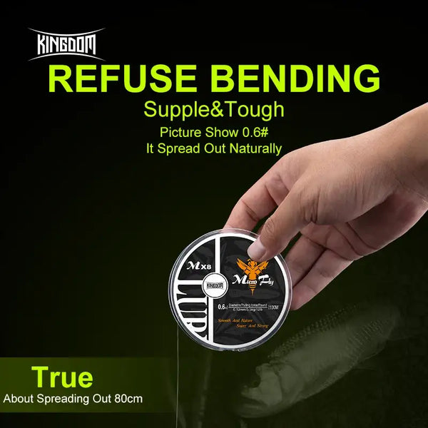 White PE fishing line spool being pulled by hand, reel shows 0.6# line label
