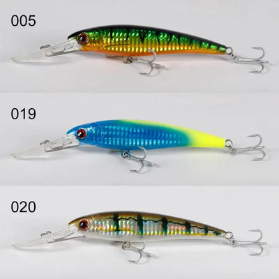 Saltwater trolling minnow wobbler set of three: gold-green, blue-yellow, and brown-gold
