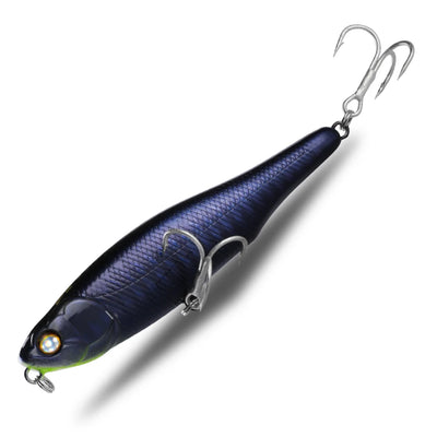 Topwater pencil fishing lure with dark blue body, blue scales pattern, treble hooks