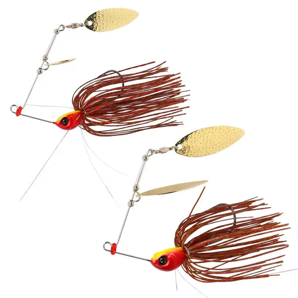 Spinner bait fishing lure with gold blades, red/orange head, long brown skirt strands