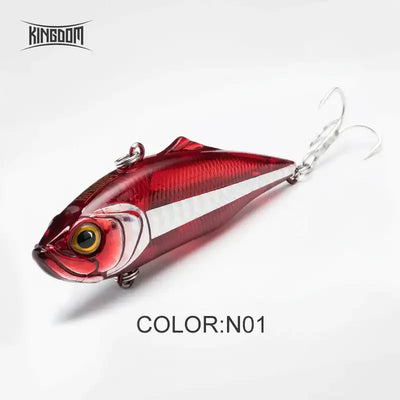 Fishing lure with red back, white stripe belly, and two treble hooks