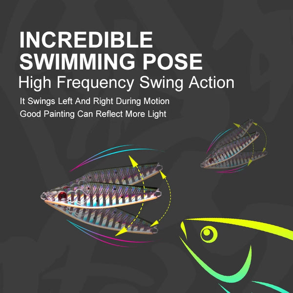Metal jig spoon lures with feather treble hooks shown with swimming action motion lines