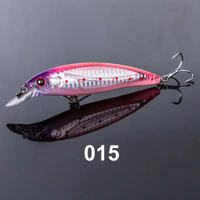 Pink and silver floating minnow jerkbait with pointed lip and treble hooks