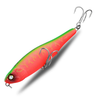 Surface fishing pencil lure with two treble hooks, red body with green top accent