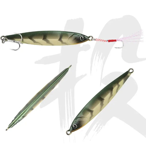 Two metallic olive-gold fishing jigs with treble hooks and red-white feather tail accents