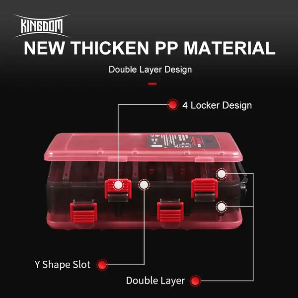 Transparent red PP fishing lure box cross-section showing double layer and locker compartments