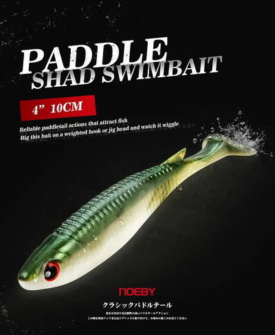 Noeby paddle tail shad swimbait in green shiner color with red eye, 10cm