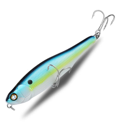 Topwater pencil fishing lure with black and blue-green finish, treble hooks and split ring