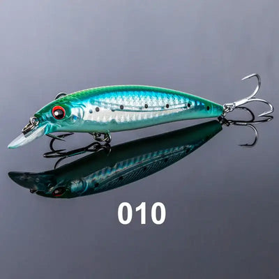 Floating minnow jerkbait in teal and silver with speckled details and treble hooks.