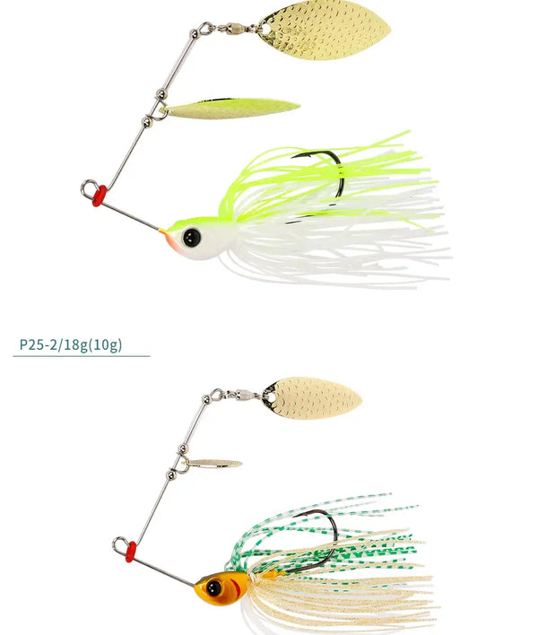 Spinner bait lure with gold blades, neon green skirt strands, and dressed hooks