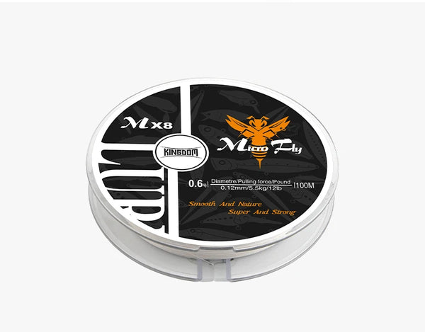 PE braided fishing line spool with black label and orange branding, 0.6mm shown