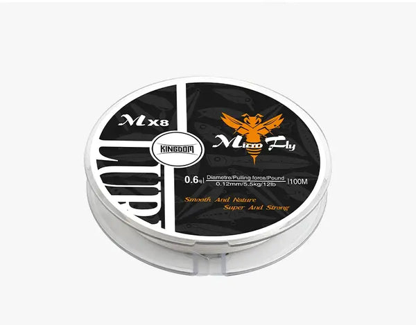 White Micro Fly 4-strand PE fishing line reel with label details for 0.6#