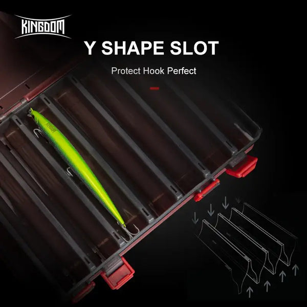 Open red lure box with Y-shaped slots holding a bright green fishing lure